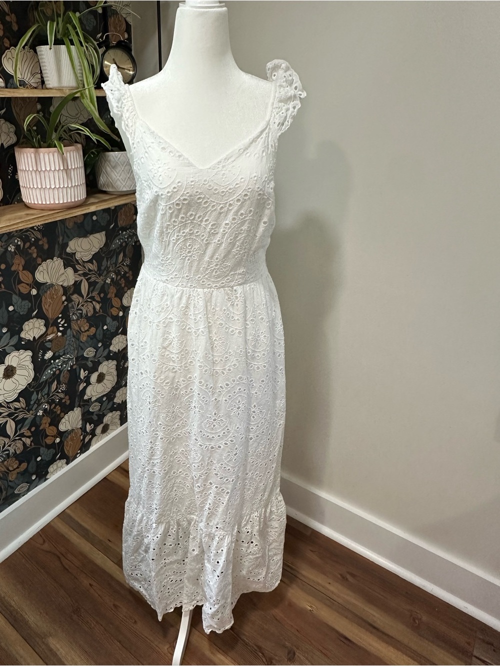 Sincerely Jules White Eyelet Midi Dress with Ruffle Hem